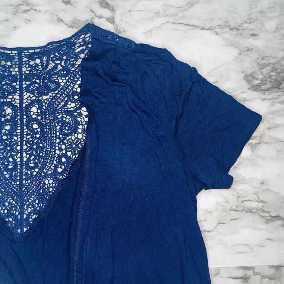 AB Studio Short Sleeve Cardigan Open Front Handkerchief Hem Navy Women S - Picture 2 of 6